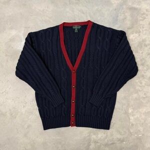 Vintage Abercrombie & Fitch Wool Cable Knit Cardigan Sweater Navy Red Mens XL